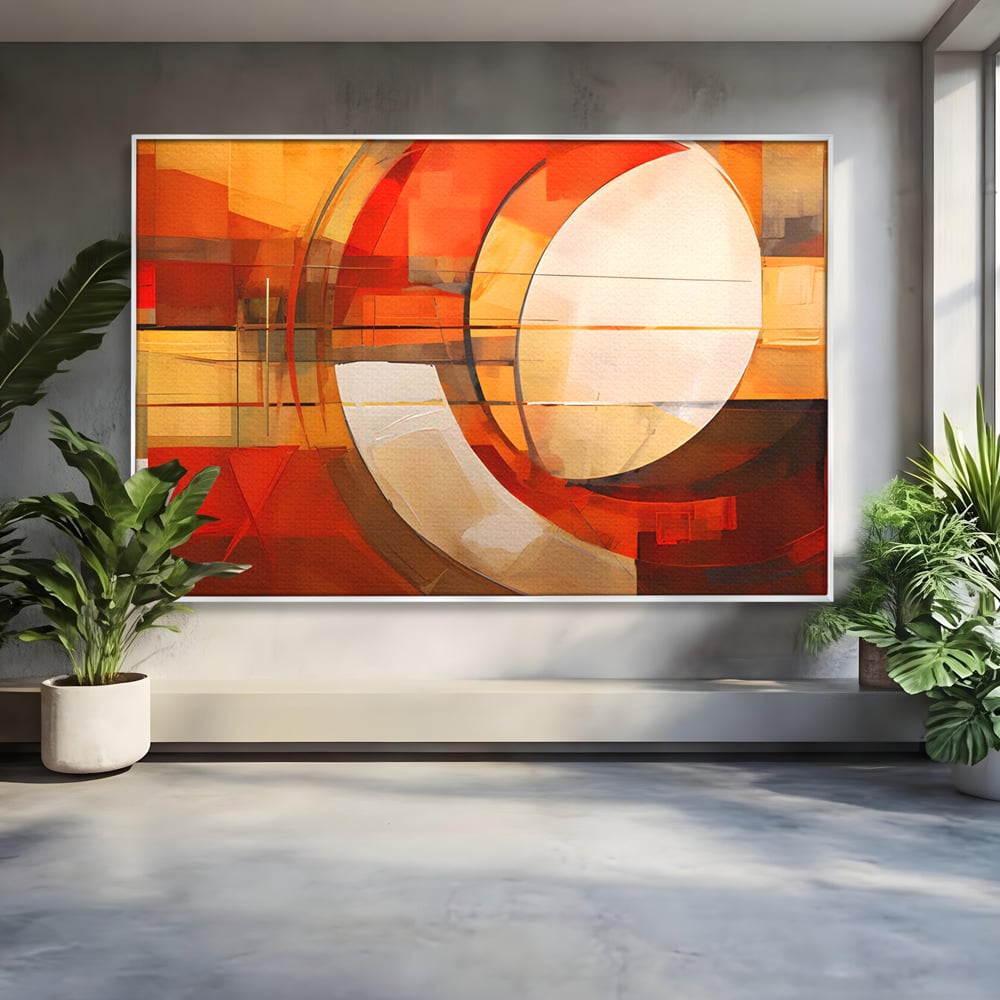 Tablou canvas cu tablou canvas cu pictura abstracta geometrica, in rama de aluminiu argintiu
